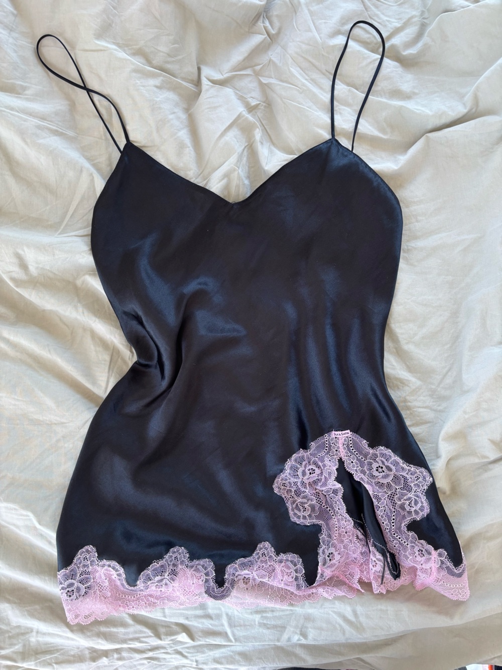 Black Slip Chemise with Pink Lace Hem